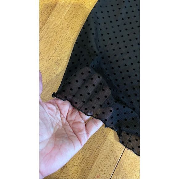 Zara Women's Mock Neck Lettuce Trim Polka Dot Mesh Top Blouse Black Size Small - Picture 5 of 10